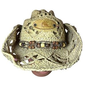 Vintage SomHer Made in Mexico Straw Cowboy‎ Sombrero Los Cabos Beaded Badge Hat